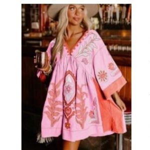 Pink Embroidered Boho Dress